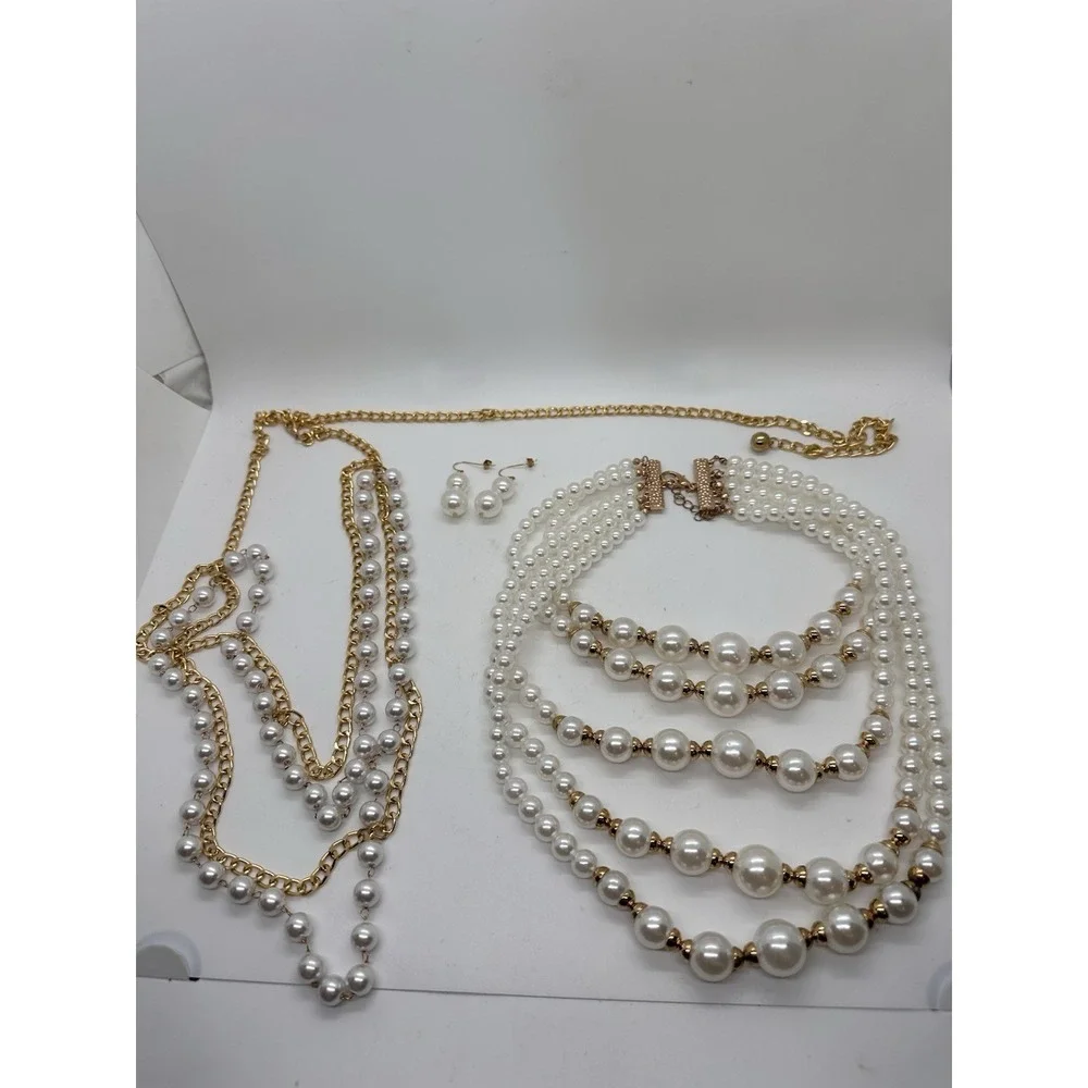 Faux Pearl Gold Tone Necklace Lot‎ Long Chain Layered Costume Jewelry Earrings